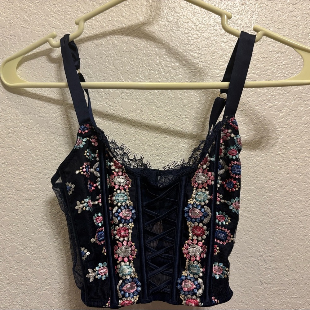 Victoria's Secret Black and Pink Embellished Bustier Camisole